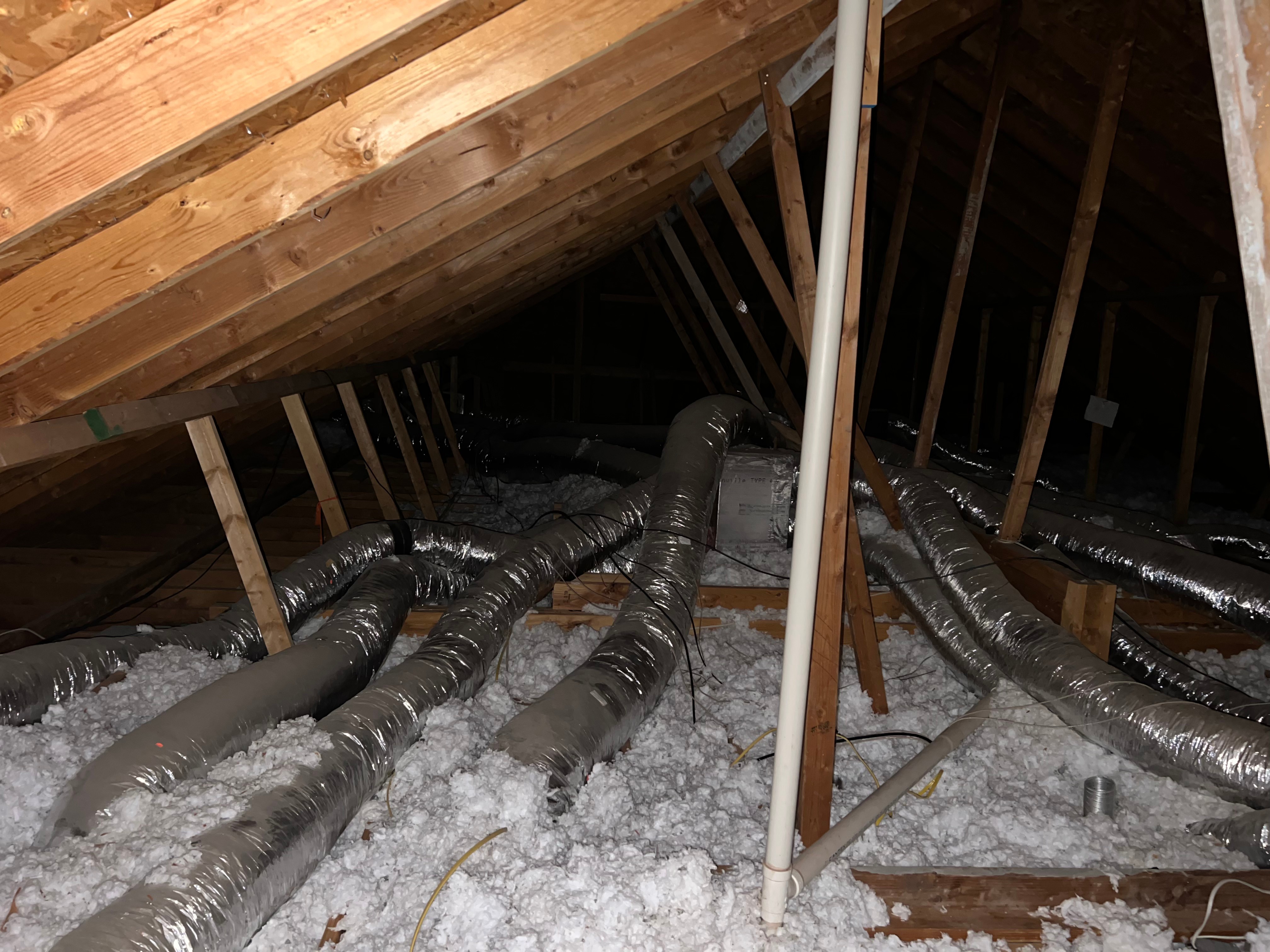 Attic Ductwork Installation — Wild H AC LLC, Central Texas Residential attic flex ductwork installation with blown-in insulation — Wild H AC LLC, Dublin TX
